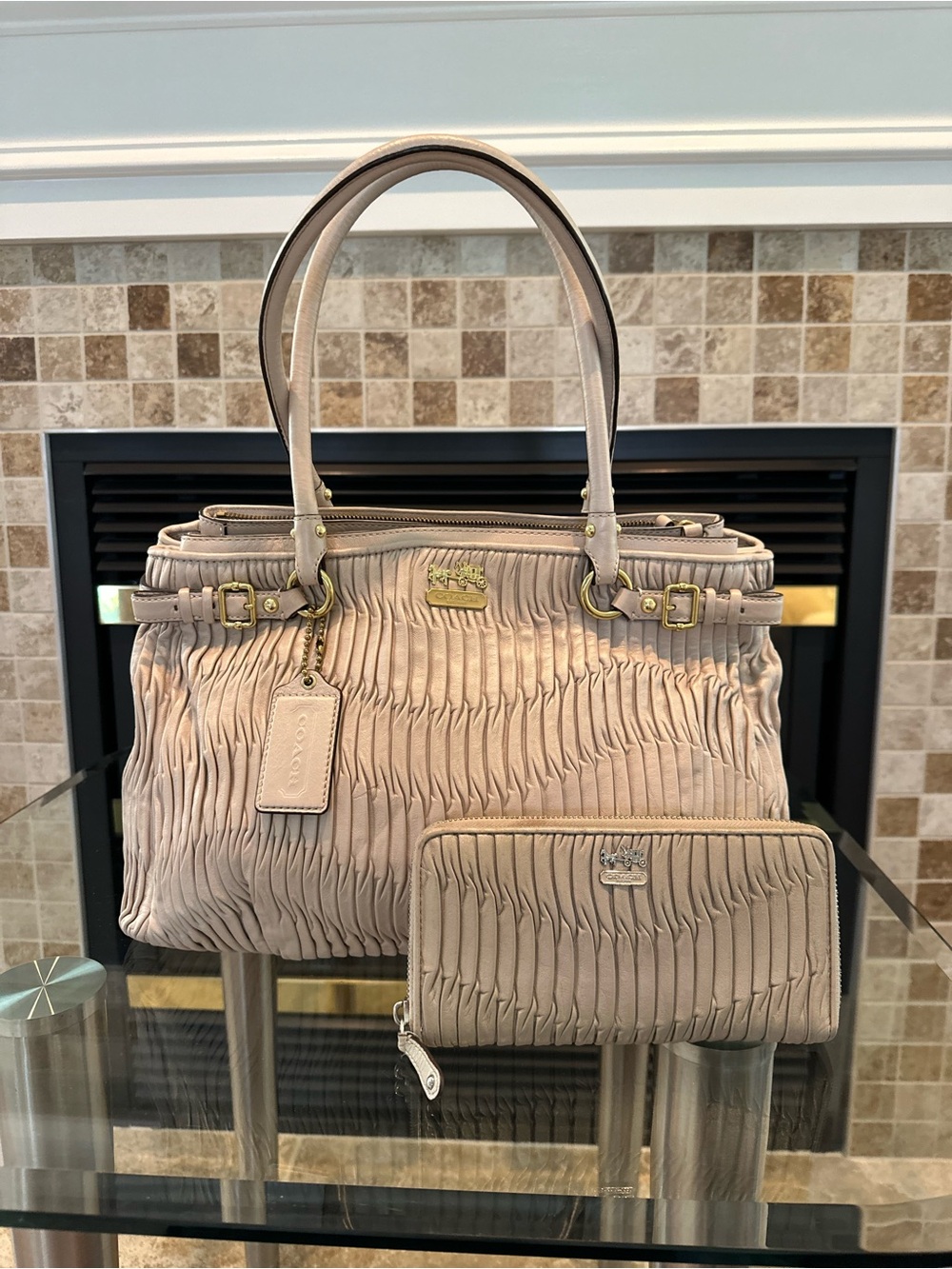 Coach Pleated Pebbled Leather Tote and Wallet in Light Blush